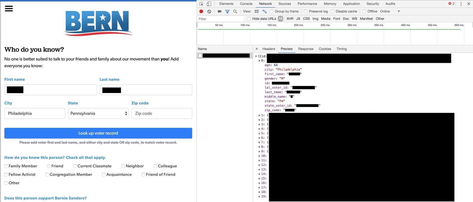 BERN's API response in Chrome DevTools