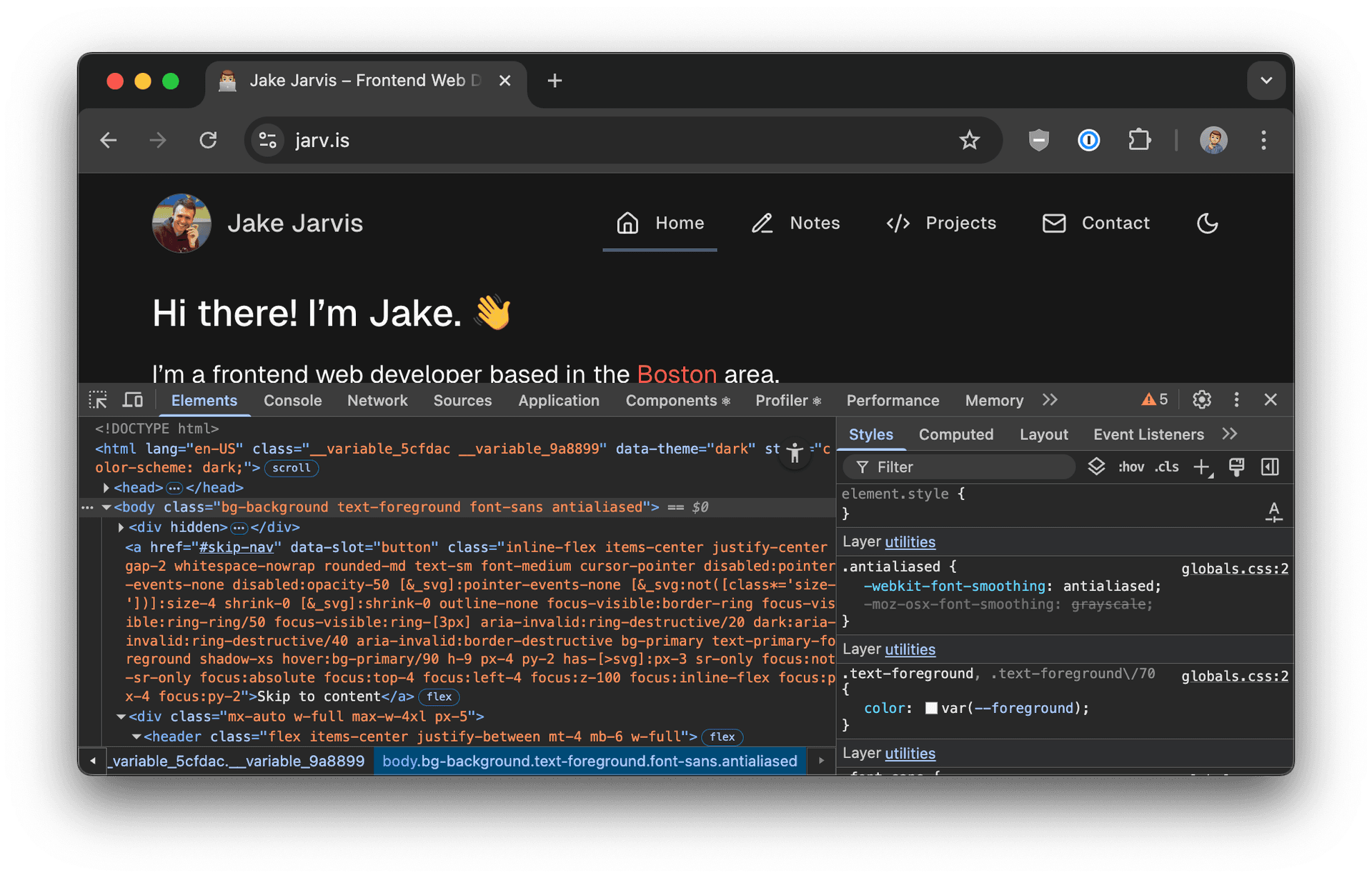 Developer Tools window, post-Tailwind