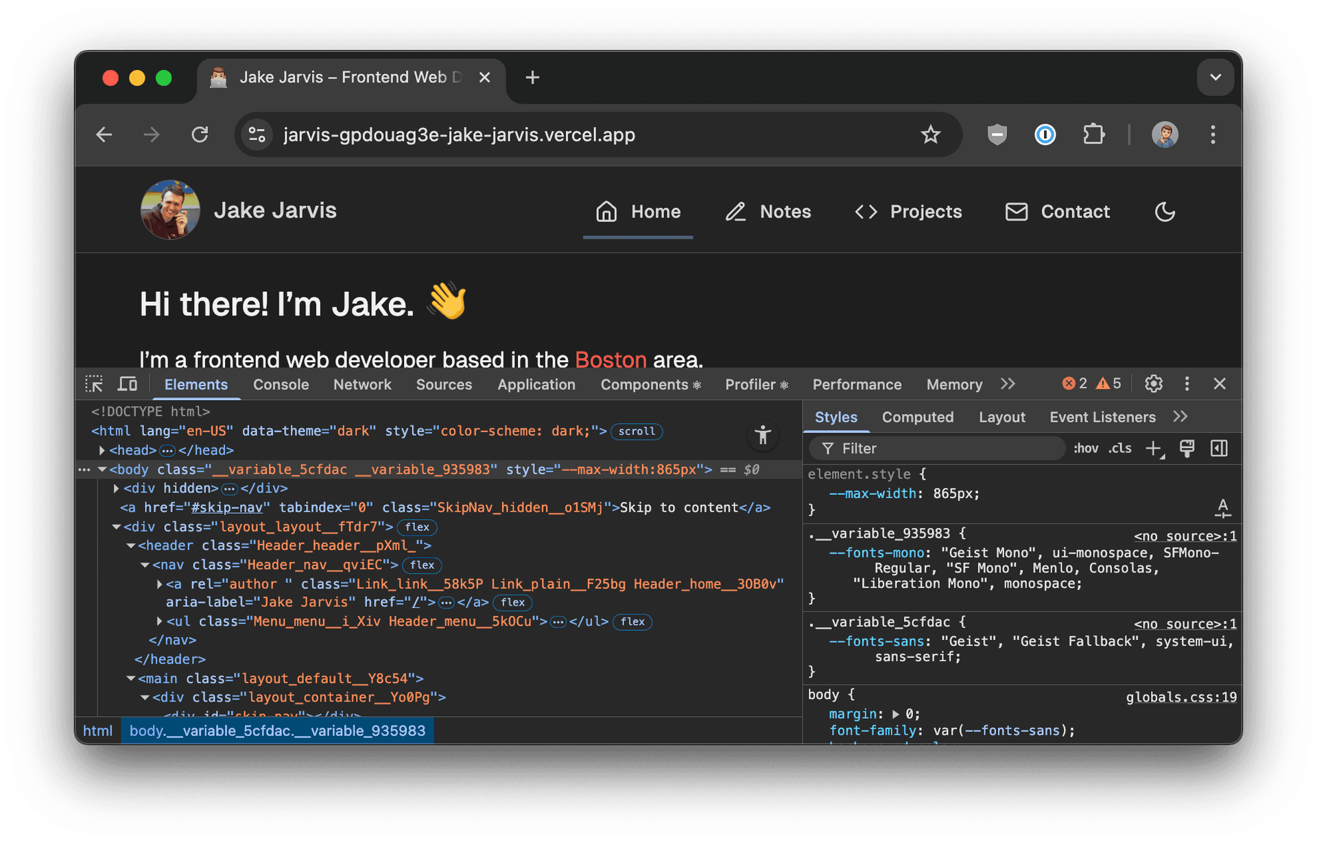 Developer Tools window, pre-Tailwind